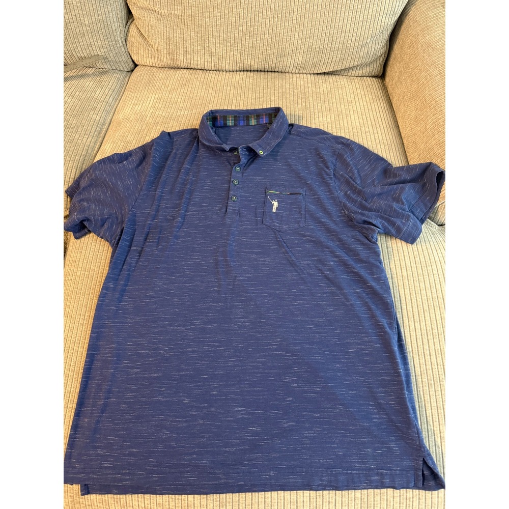 William Murray Golf Polo Shirt Mens XXL Blue Space Dye Plaid Trim Short Sleeve